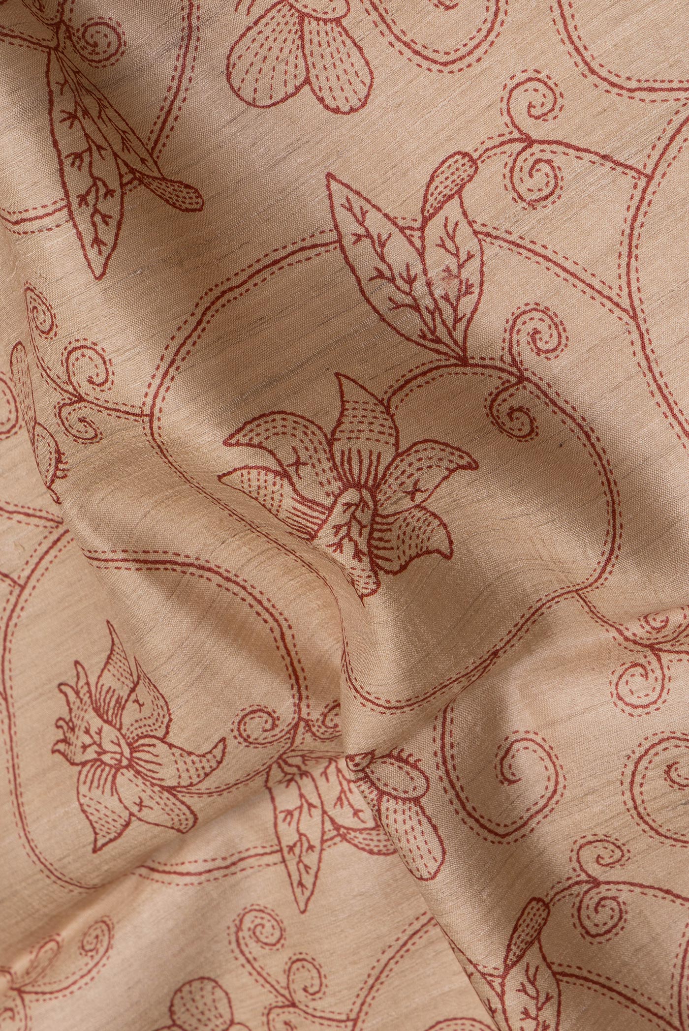 Close up of Beige Tussar Silk Saree with Printed design on the body and Zari Border.  displaying folds