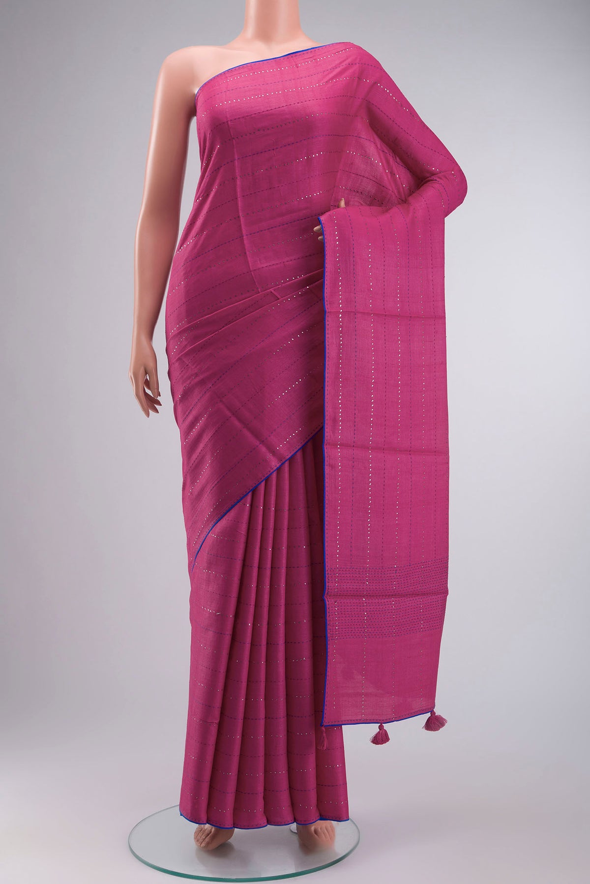 Pink Bhagalpuri Tussar Silk Saree with Embroidery on the body and Embroidery Border displayed on a mannequin