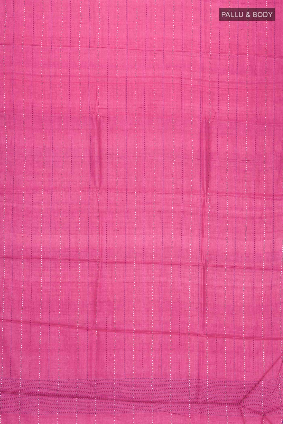 Flat view of Pink Bhagalpuri Tussar Silk Saree with Embroidery on the body and Embroidery Border