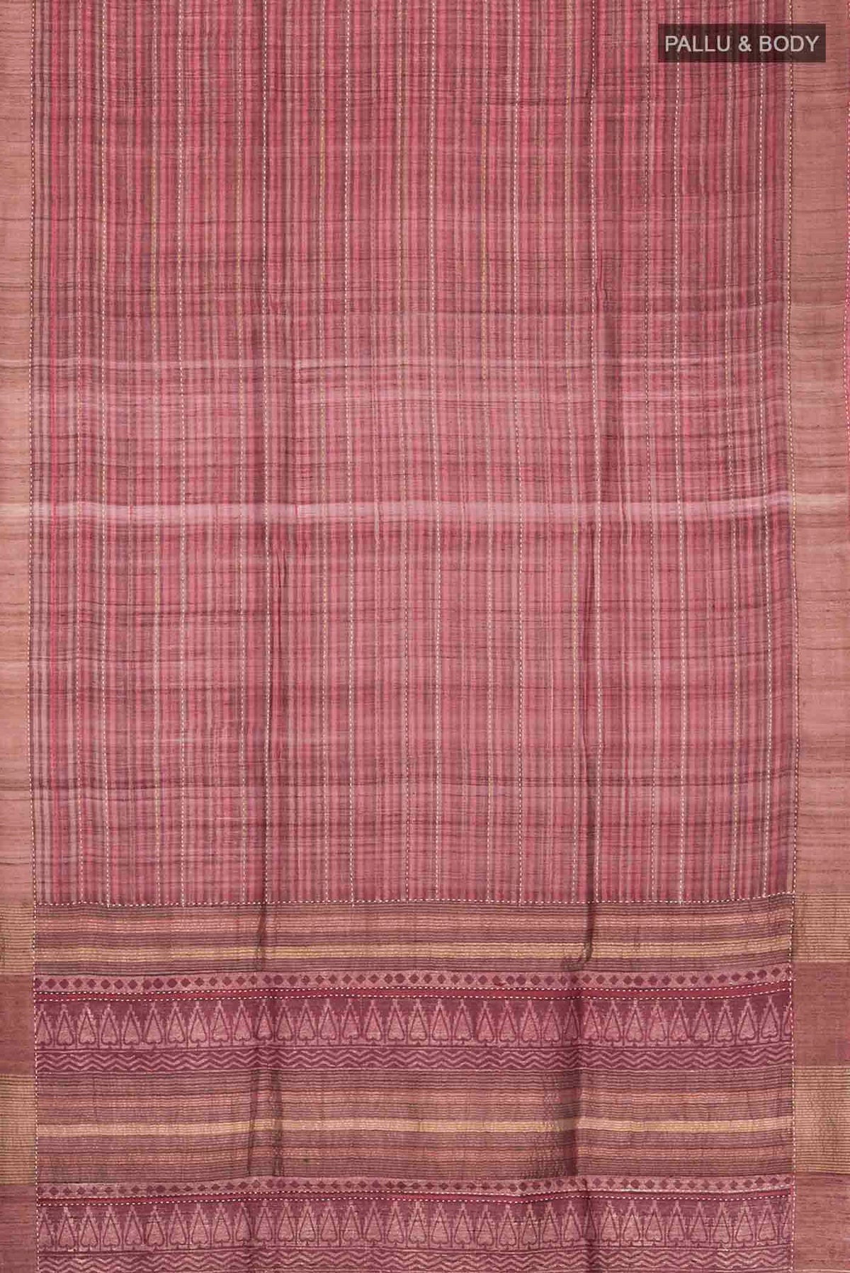 Flat view of Maroon Bhagalpuri Tussar Silk Saree with Embroidery on the body and Zari Border