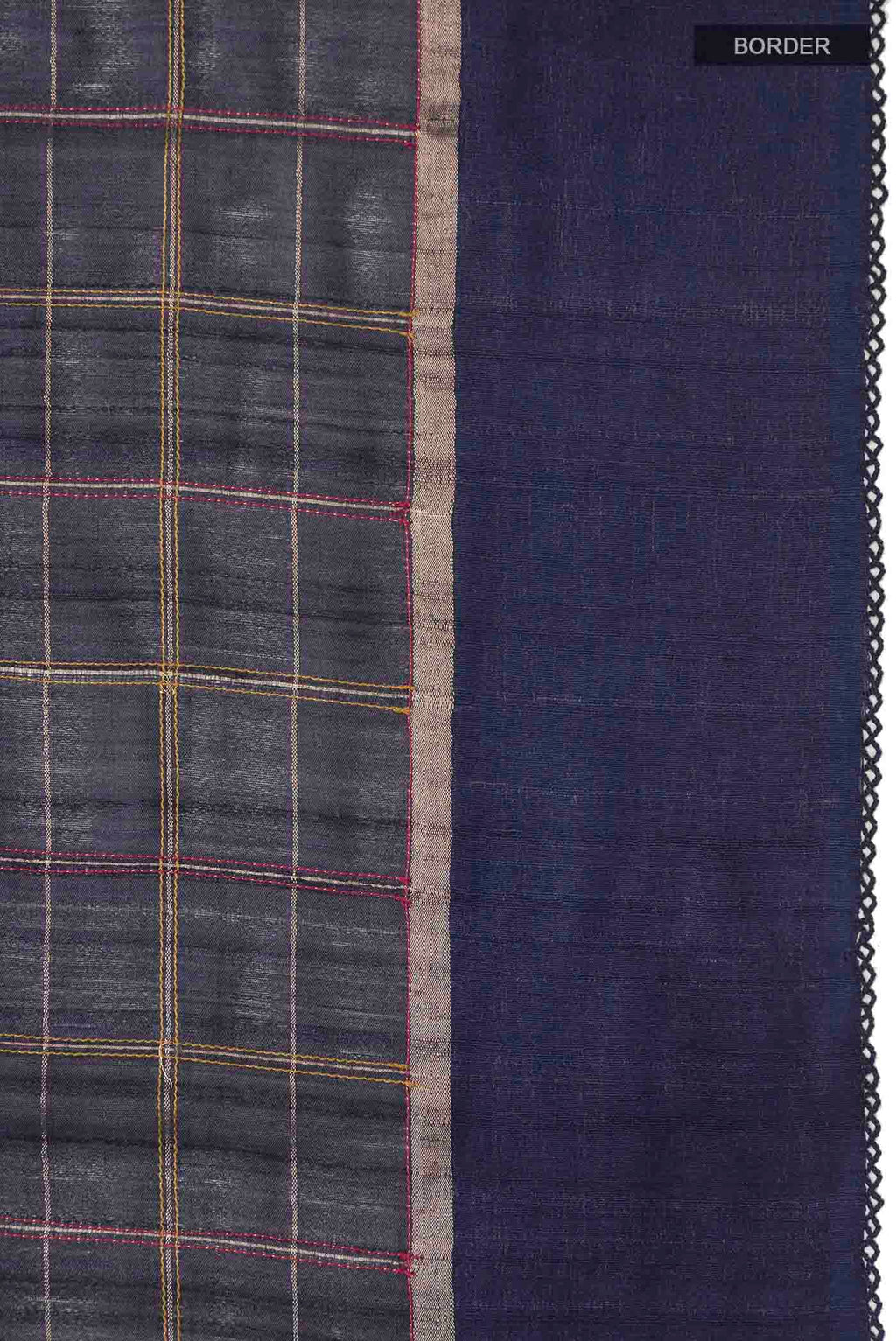 Border image of Blue Bhagalpuri Tussar Silk Saree with Checked design on the body and Embroidery Border