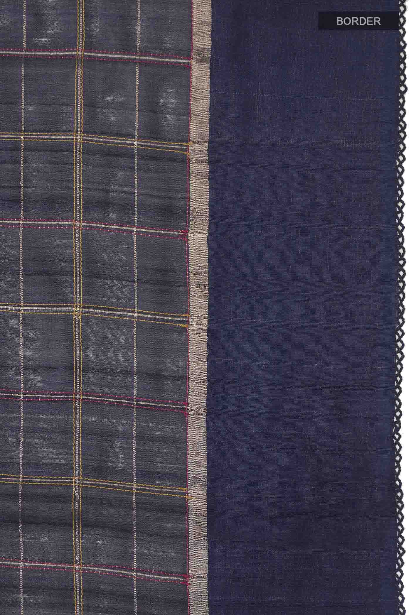 Border image of Blue Bhagalpuri Tussar Silk Saree with Checked design on the body and Embroidery Border