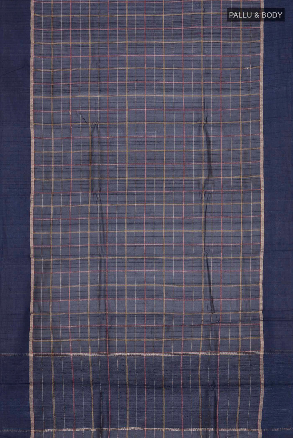 Flat view of Blue Bhagalpuri Tussar Silk Saree with Checked design on the body and Embroidery Border