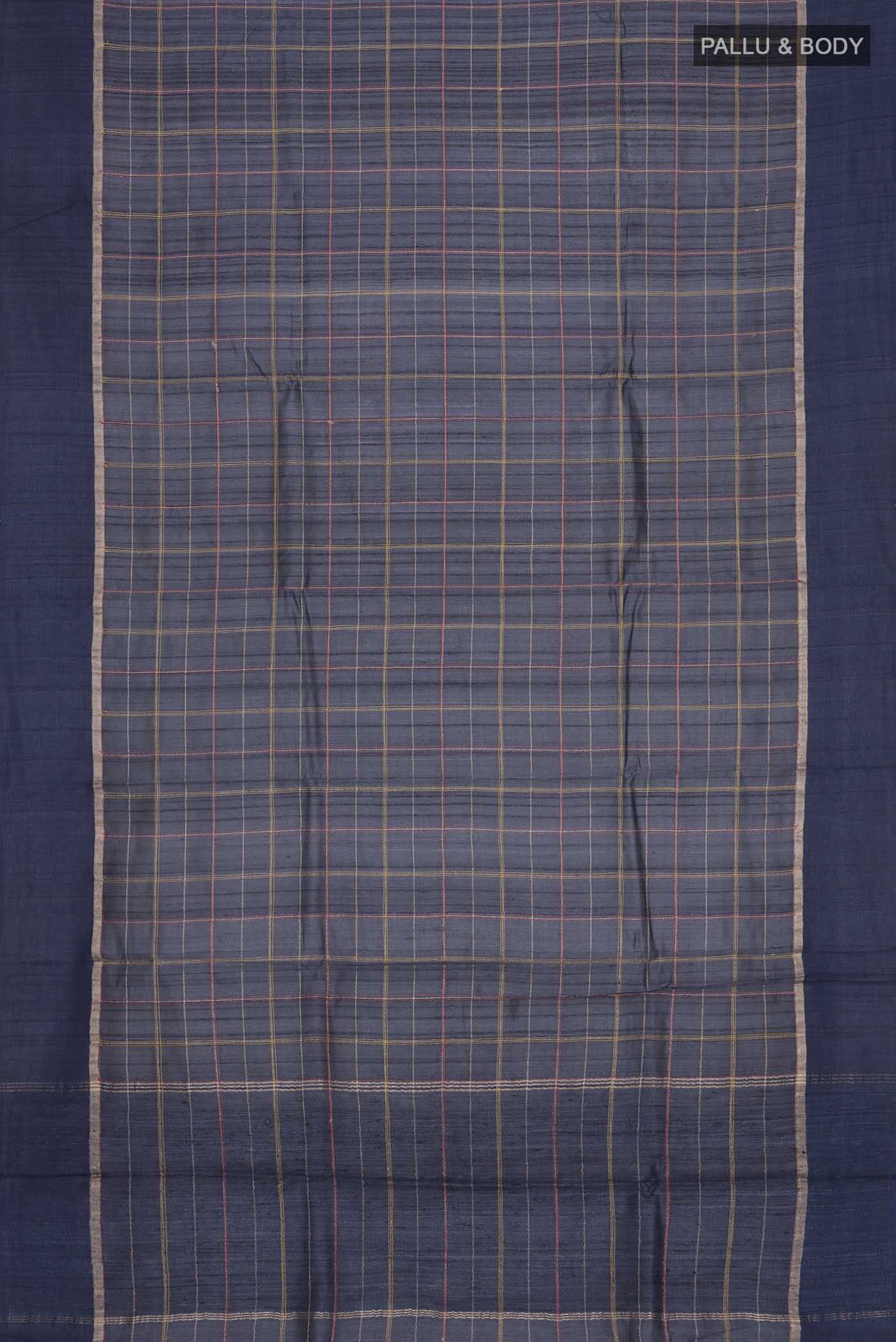 Flat view of Blue Bhagalpuri Tussar Silk Saree with Checked design on the body and Embroidery Border