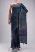 Blue Bhagalpuri Tussar Silk Saree with Stripes on the body and Zari Border displayed on a mannequin