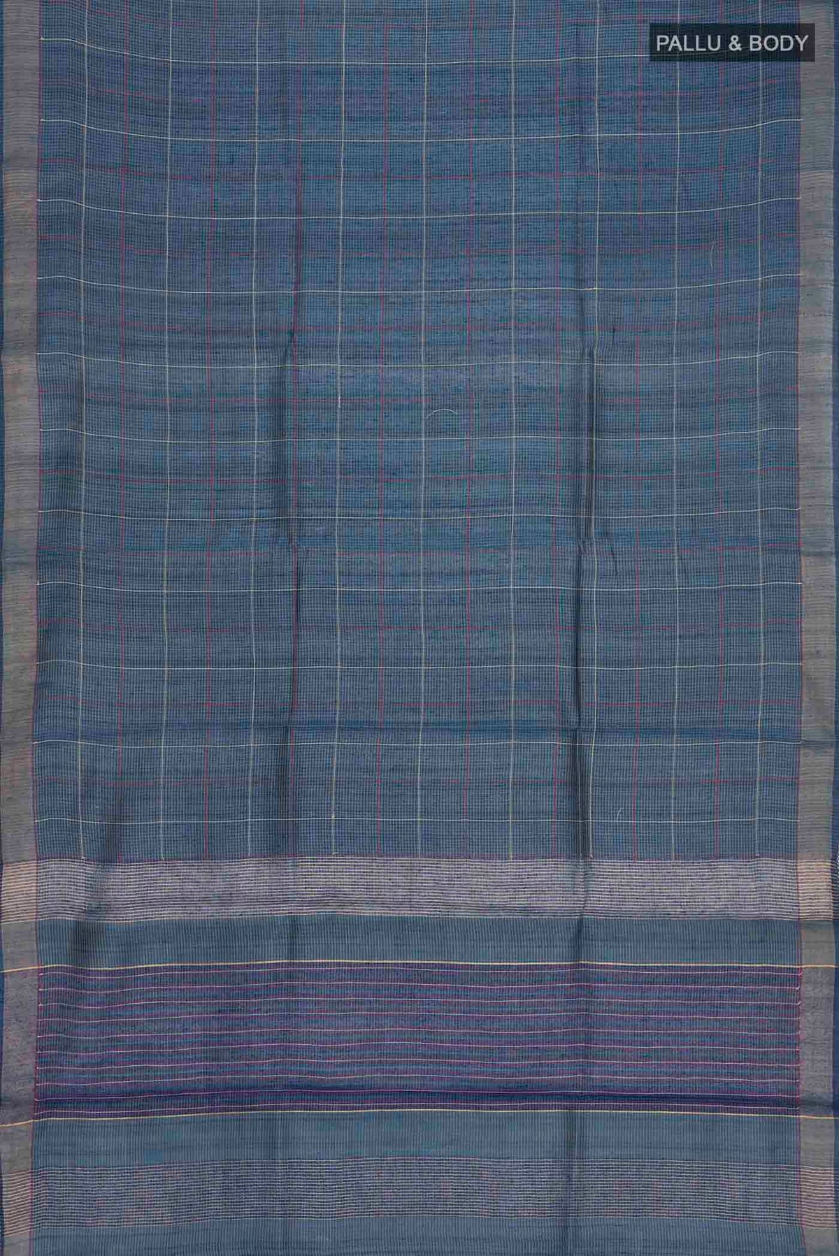Flat view of Blue Bhagalpuri Tussar Silk Saree with Stripes on the body and Zari Border