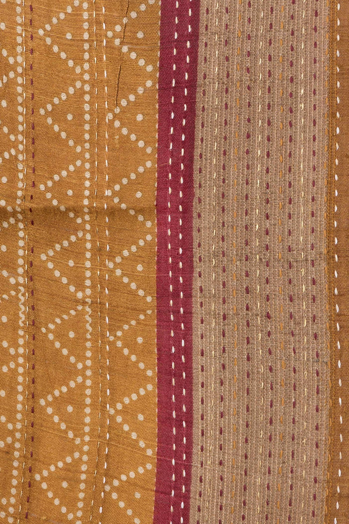 Border image of Mustard Dual Tone Tussar Silk Saree with Printed design on the body and Embroidery Border. 