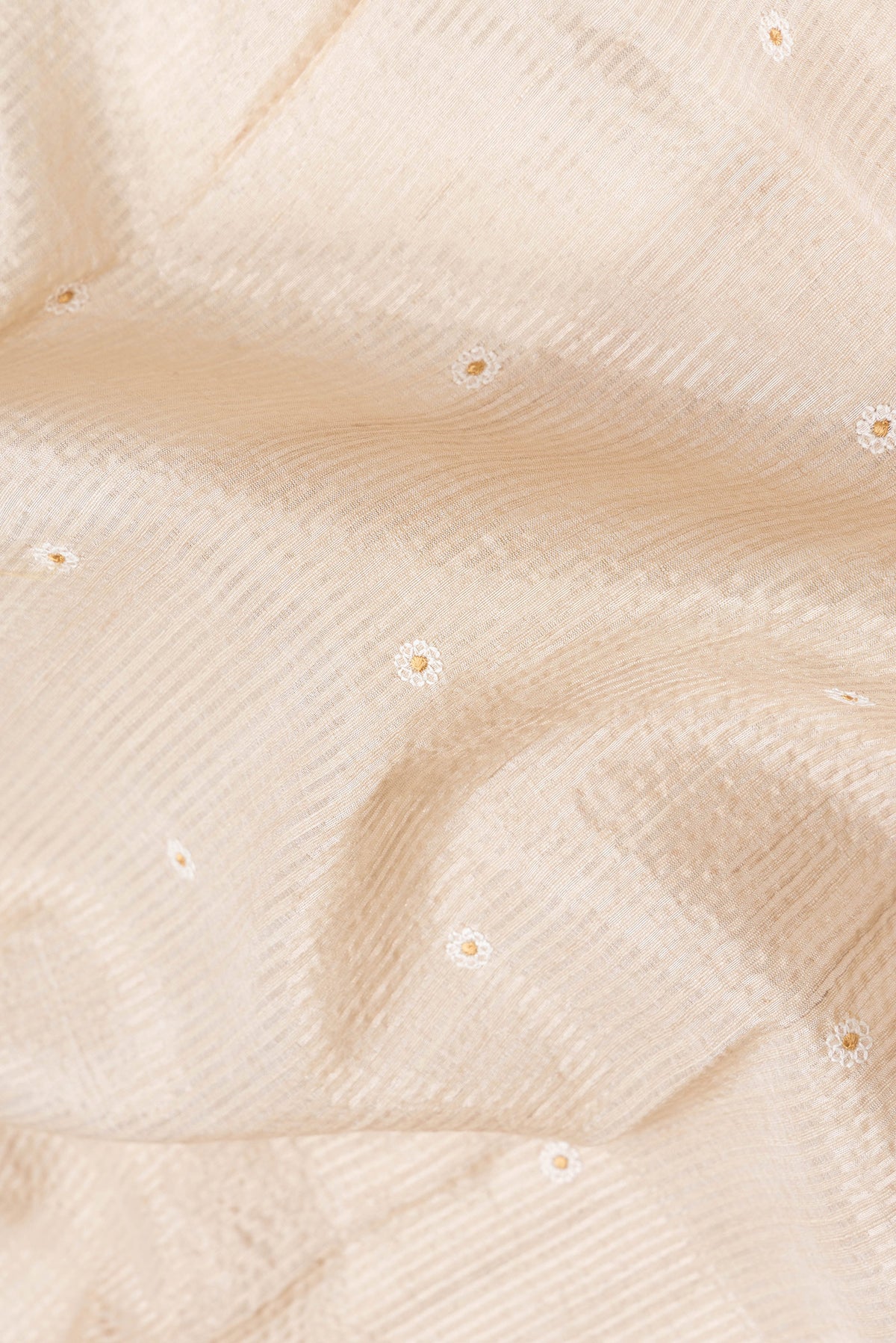 Close up of Beige Dual Tone Tussar Silk Saree with Embroidery on the body and Embroidery Border.  displaying folds