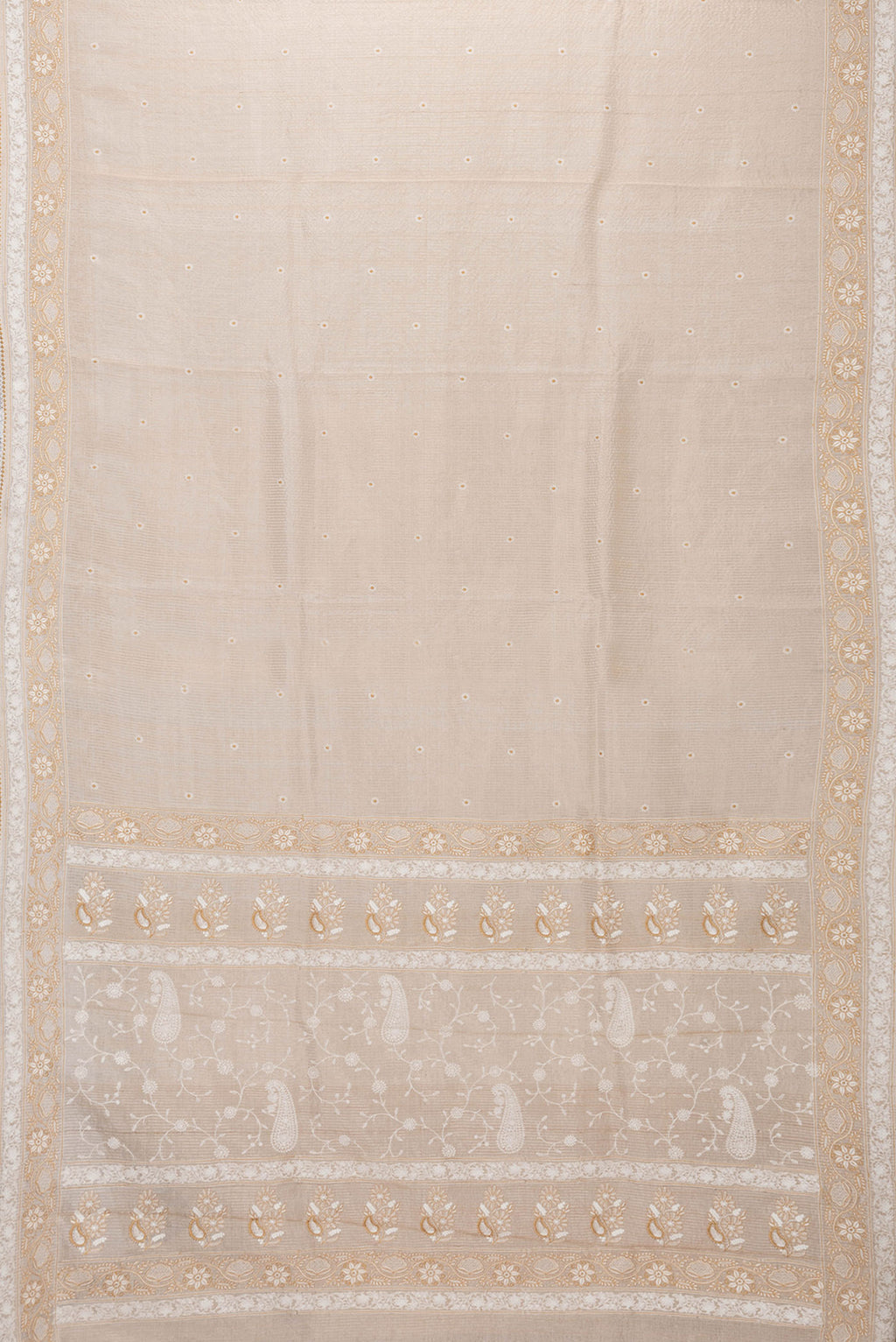Flat view of Beige Dual Tone Tussar Silk Saree with Embroidery on the body and Embroidery Border. 