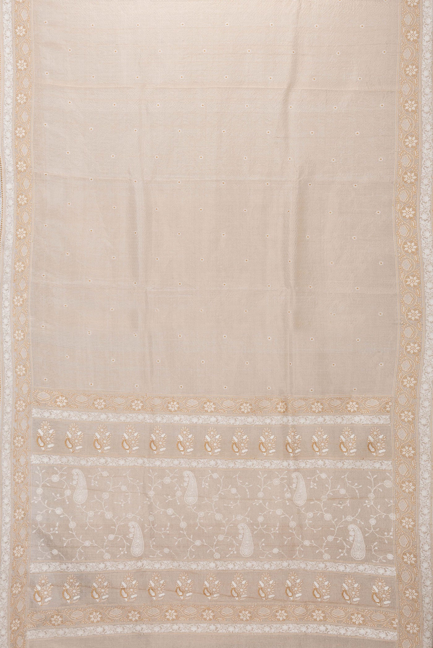 Flat view of Beige Dual Tone Tussar Silk Saree with Embroidery on the body and Embroidery Border. 