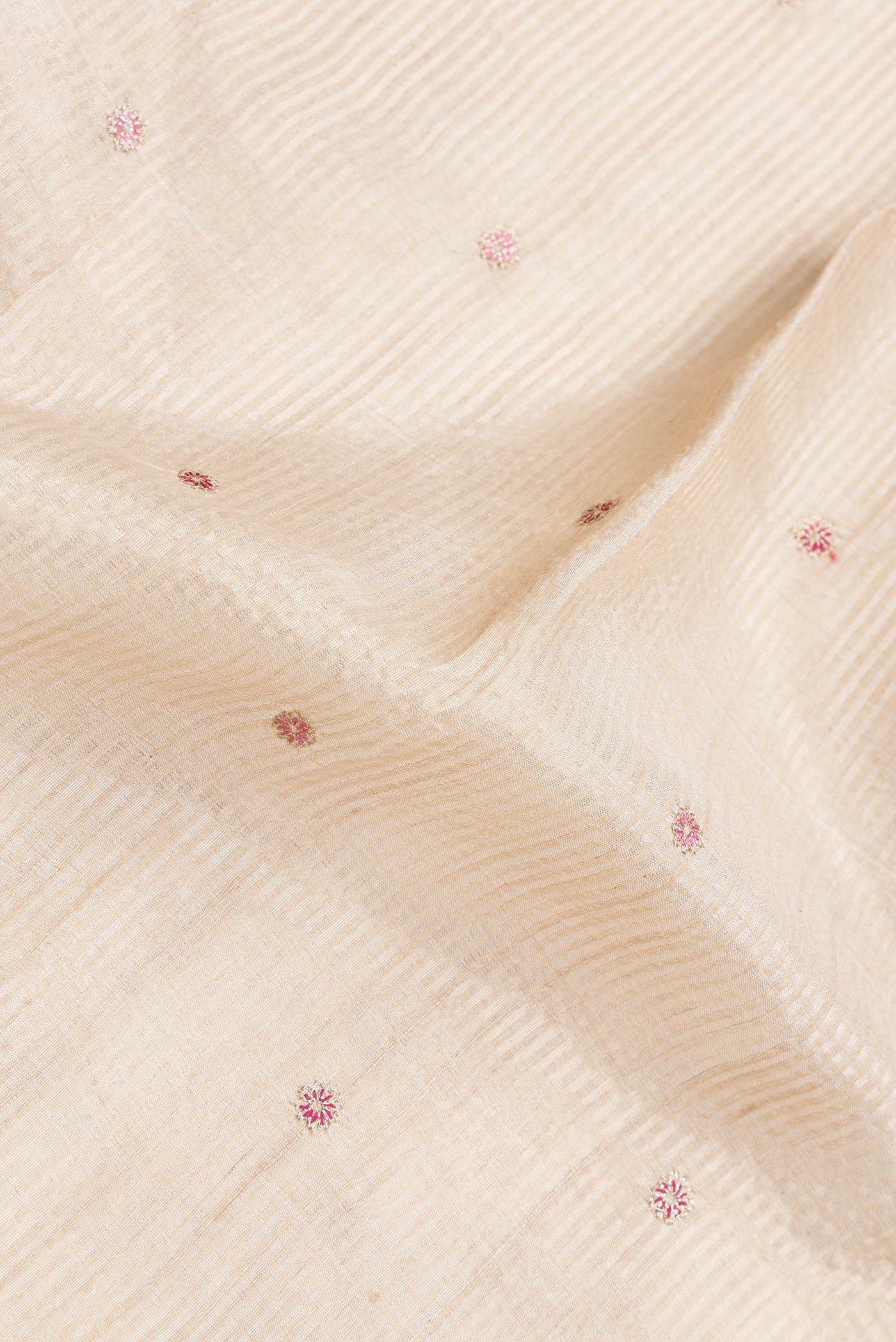 Close up of Beige Dual Tone Tussar Silk Saree with Embroidery on the body and Embroidery Border.  displaying folds