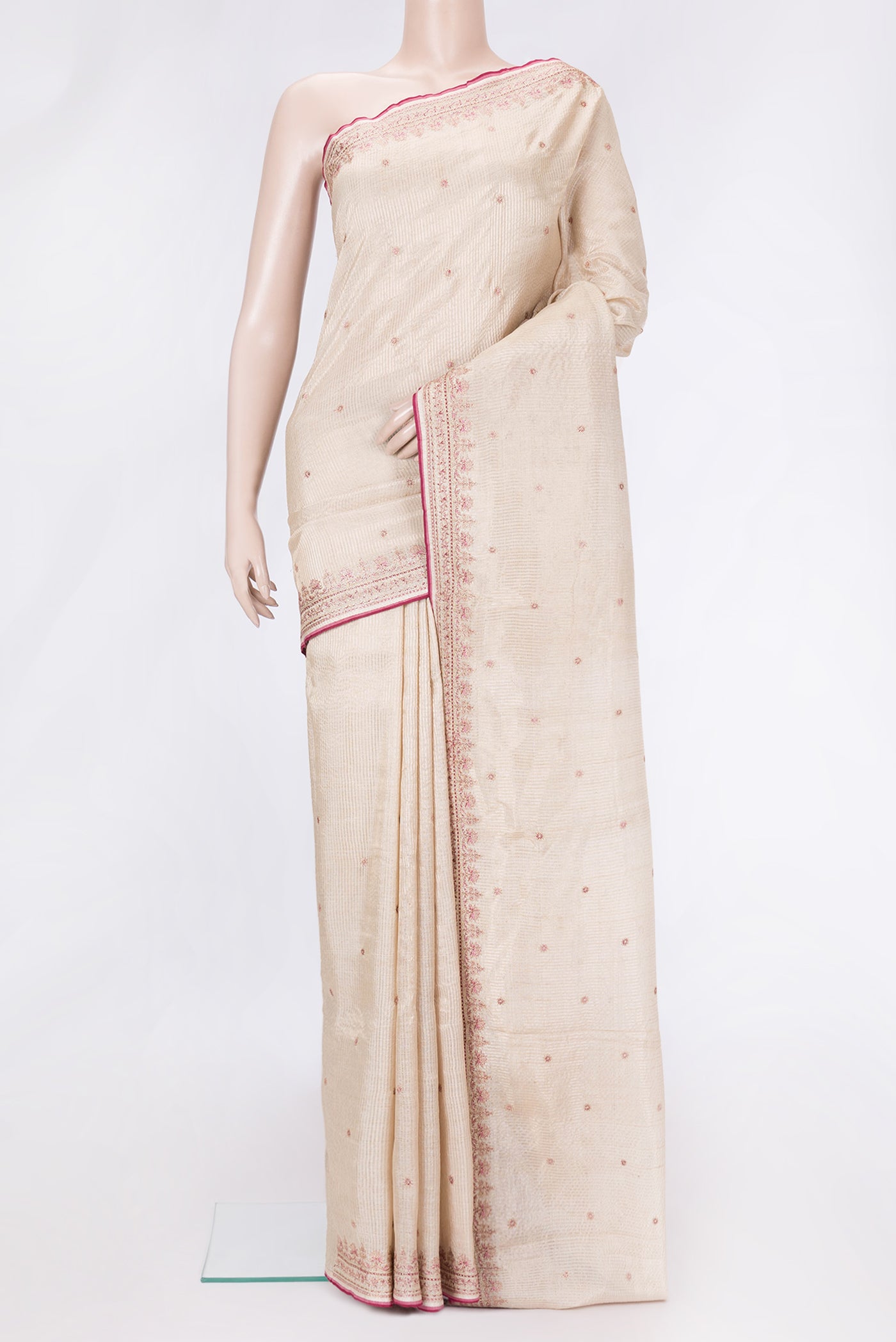 Beige Dual Tone Tussar Silk Saree with Embroidery on the body and Embroidery Border.  displayed on a mannequin