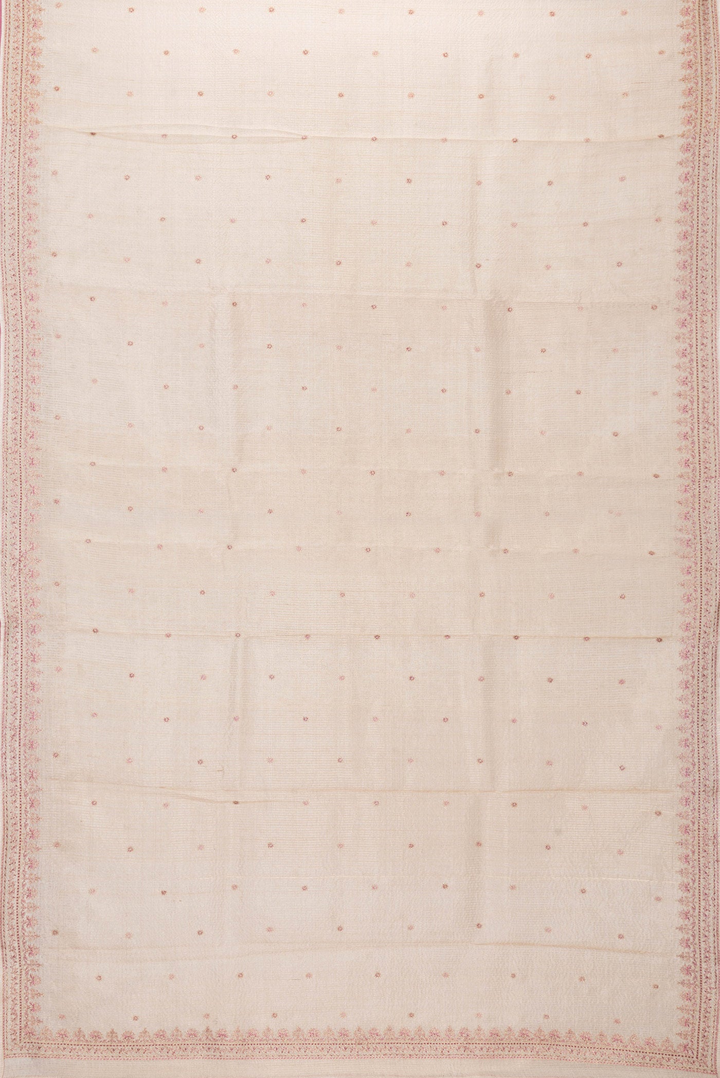 Flat view of Beige Dual Tone Tussar Silk Saree with Embroidery on the body and Embroidery Border. 
