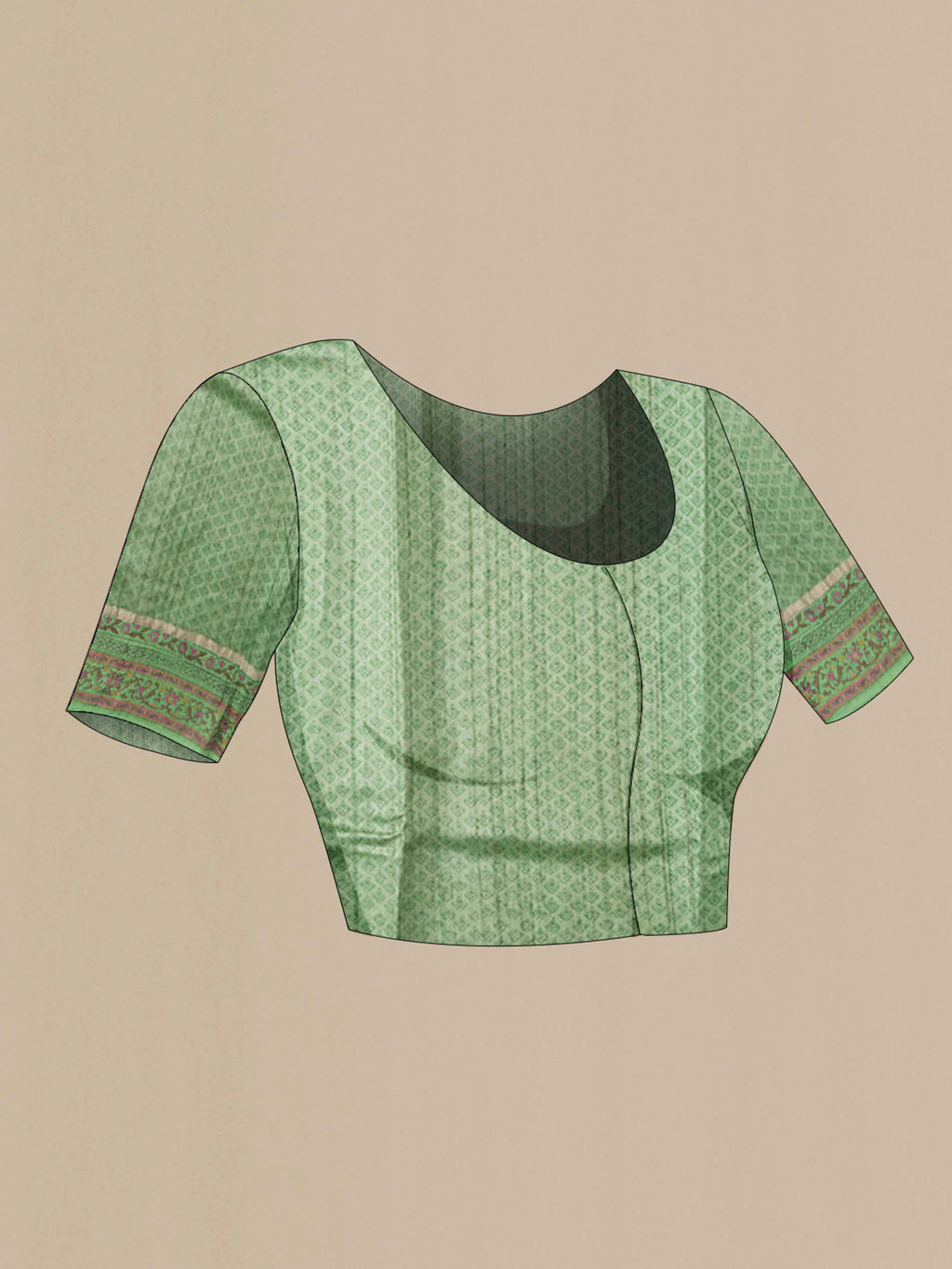 Close up image of the blouse of Green Tussar Silk Saree with Stripes on the body and Printed Border