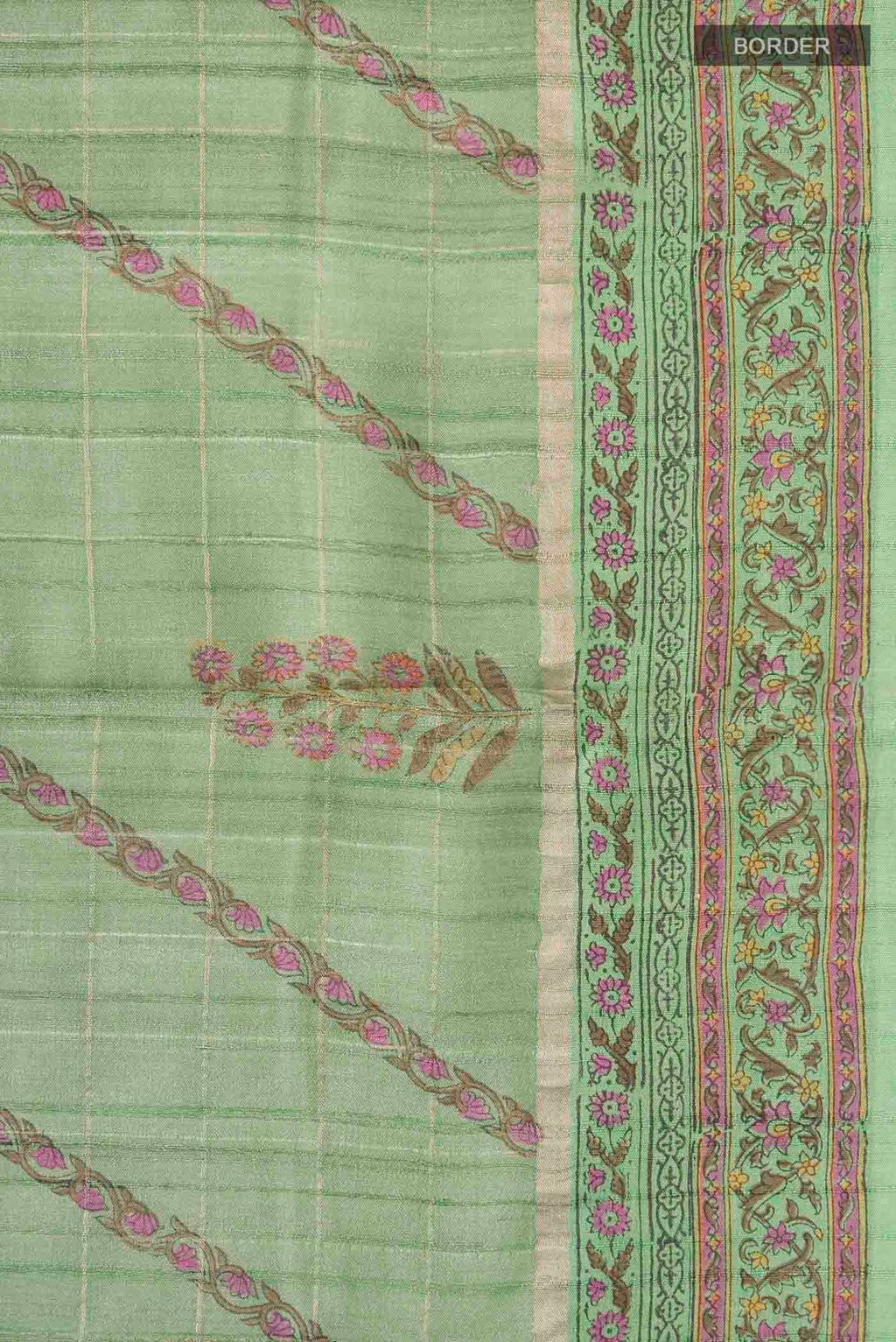 Border image of Green Tussar Silk Saree with Stripes on the body and Printed Border