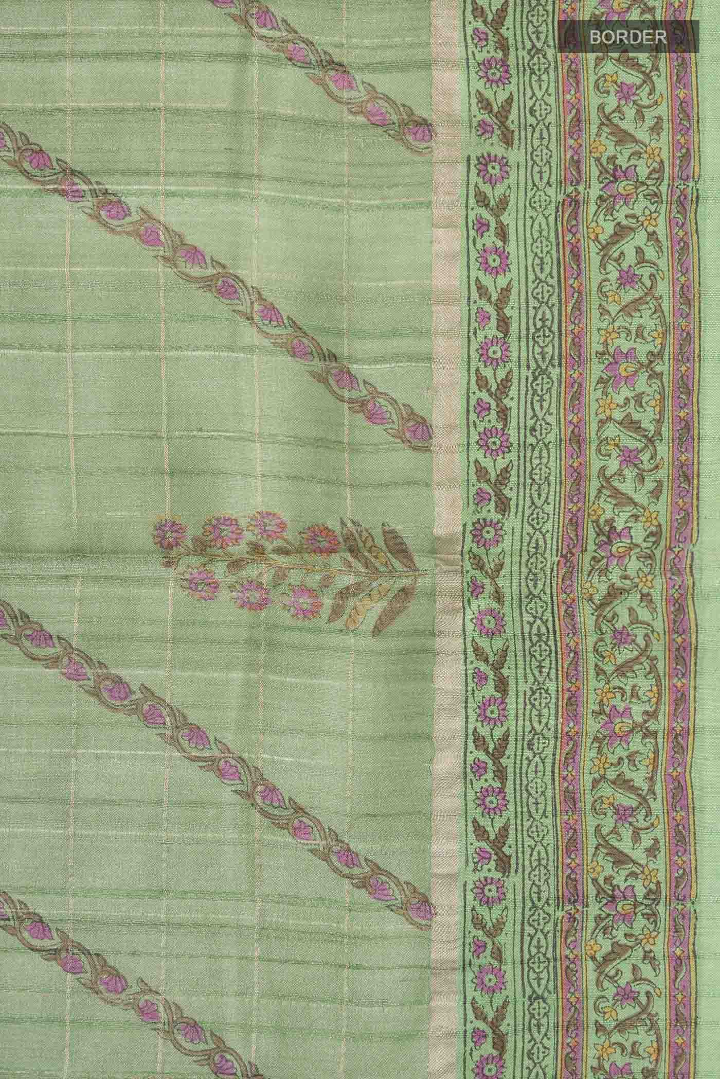 Border image of Green Tussar Silk Saree with Stripes on the body and Printed Border