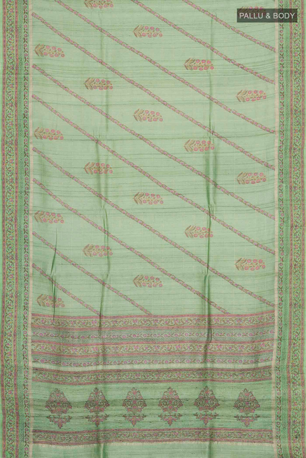 Flat view of Green Tussar Silk Saree with Stripes on the body and Printed Border