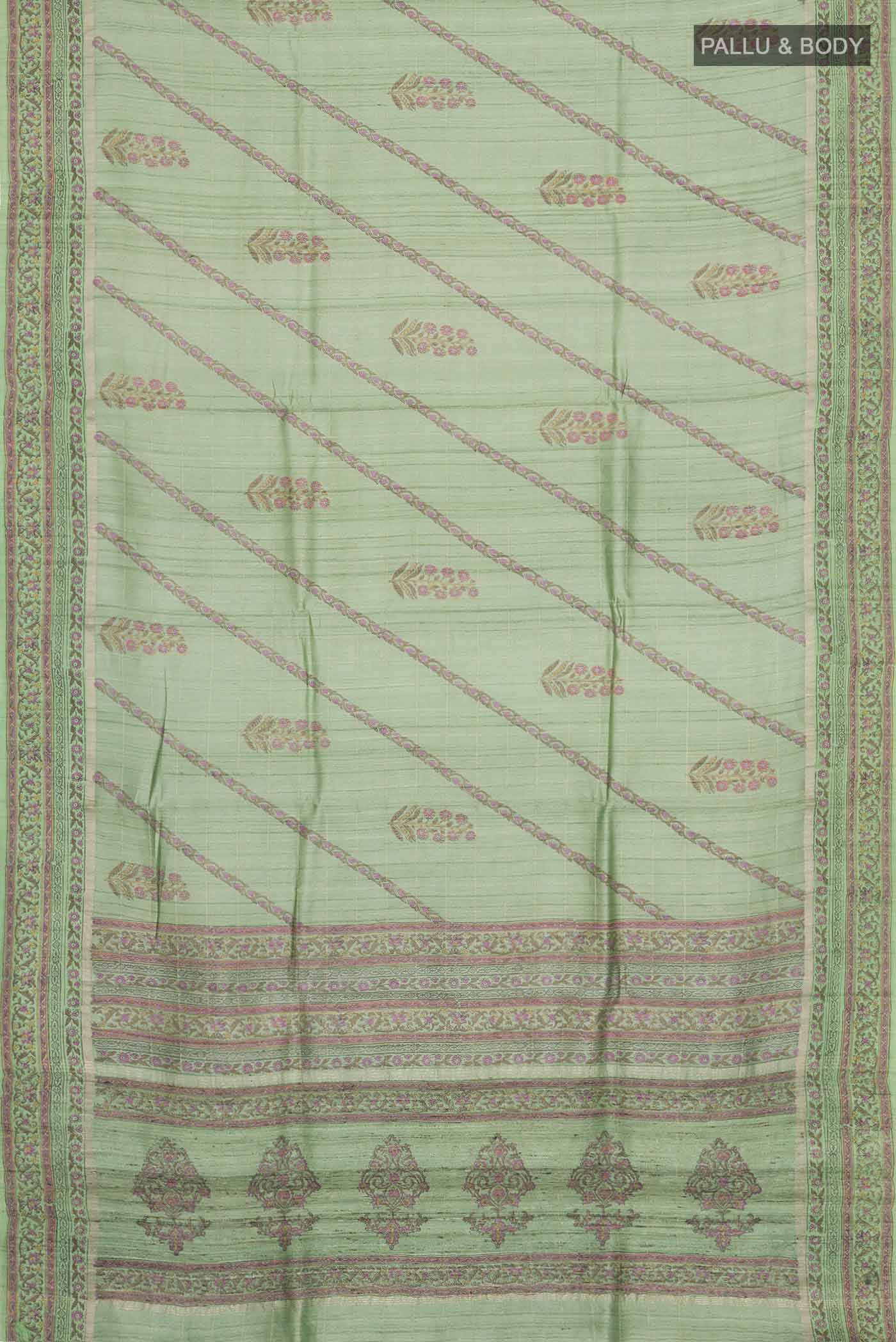 Flat view of Green Tussar Silk Saree with Stripes on the body and Printed Border