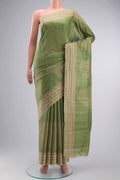 Green Bhagalpuri Tussar Silk Saree with Printed design on the body and Printed Border displayed on a mannequin