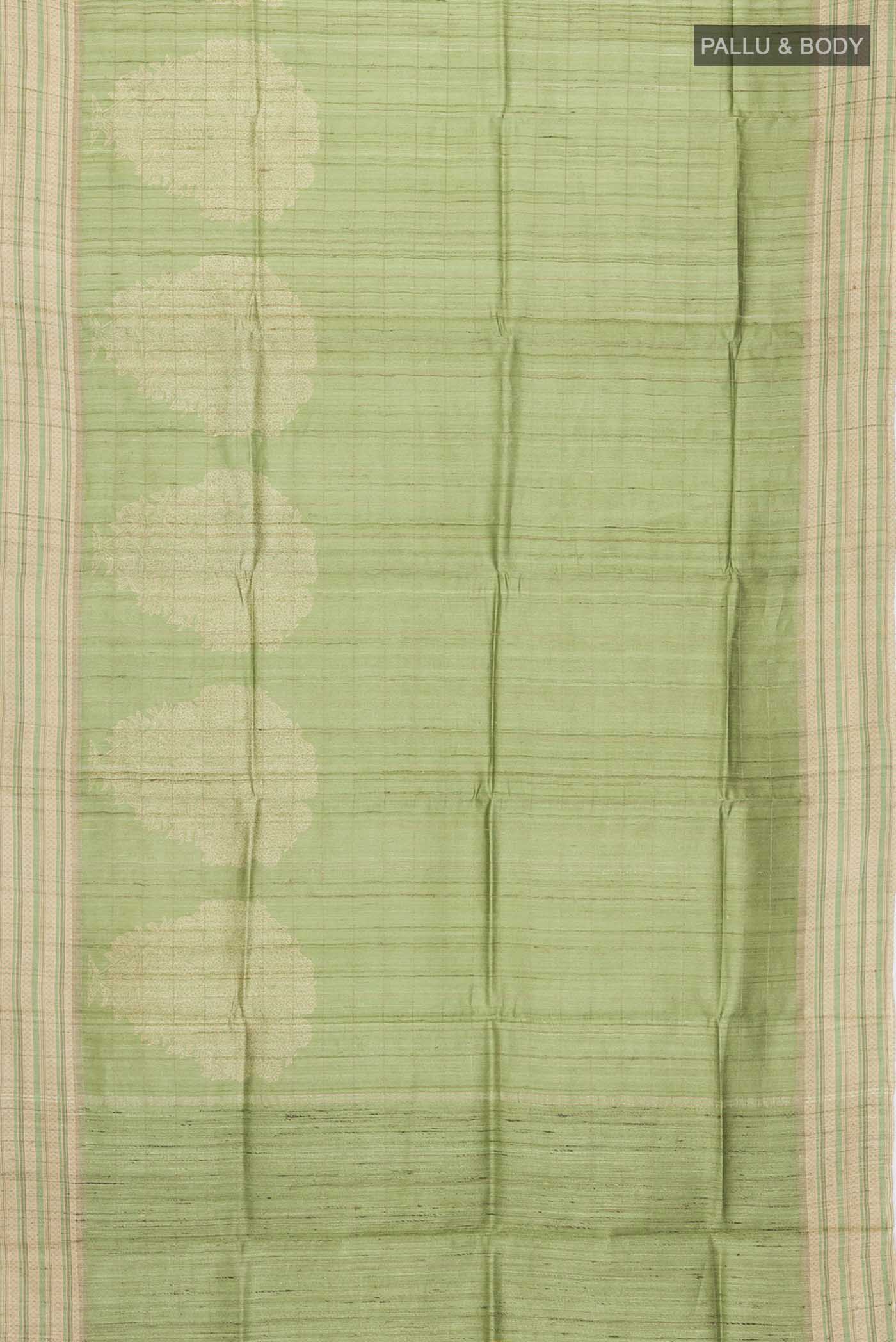 Flat view of Green Bhagalpuri Tussar Silk Saree with Printed design on the body and Printed Border