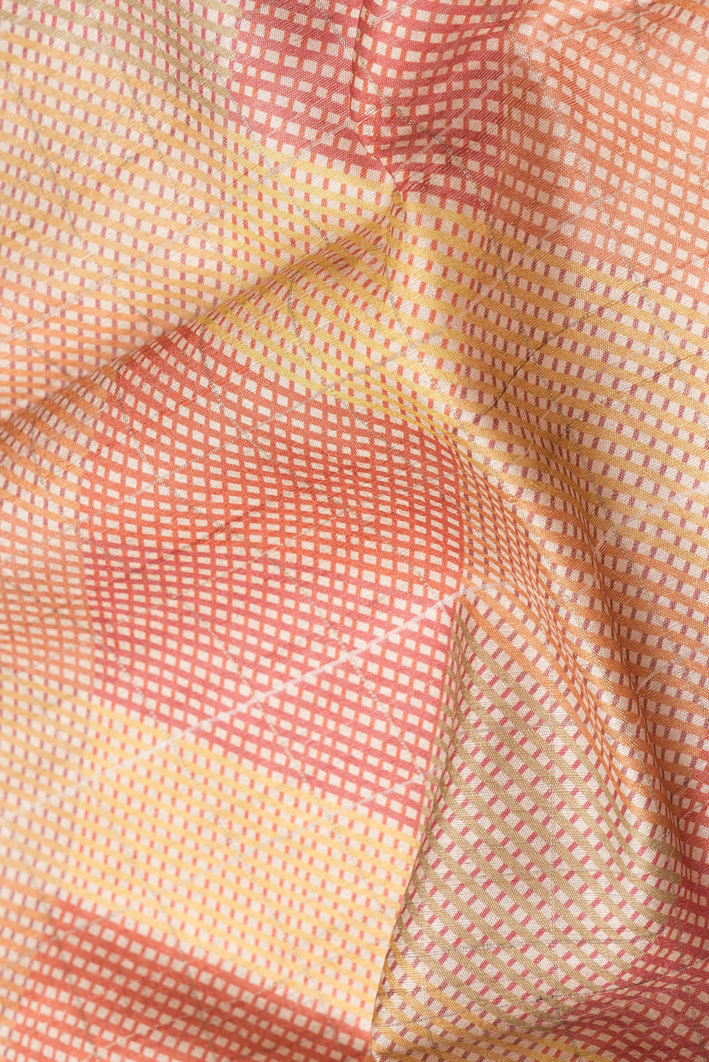 Close up of Multi Color Tussar Silk Saree with Printed design on the body and Thread Border.  displaying folds