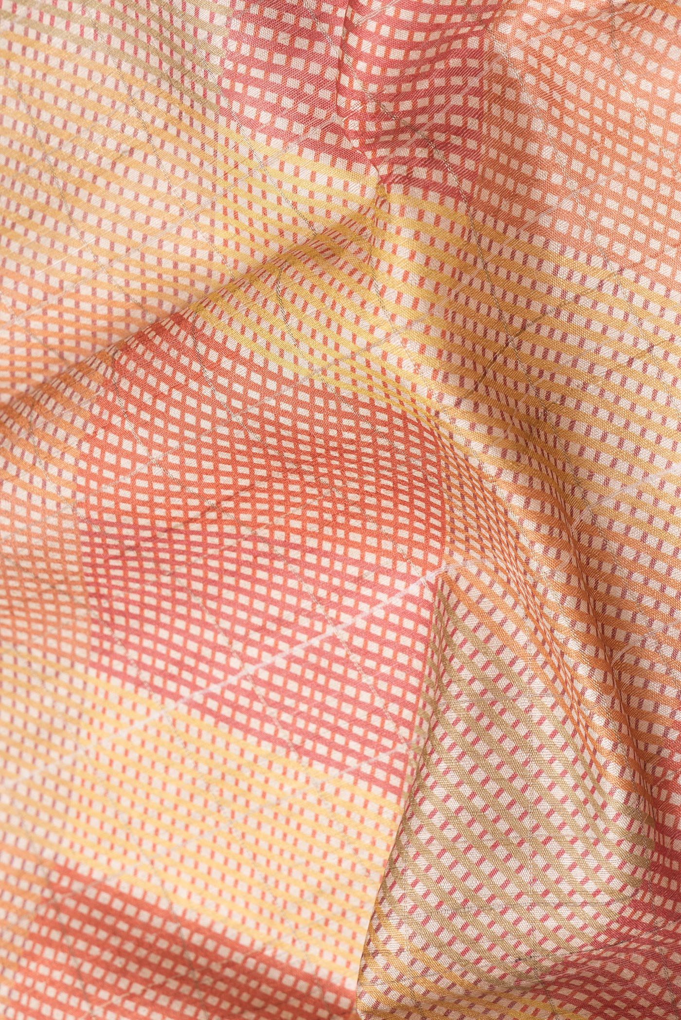 Close up of Multi Color Tussar Silk Saree with Printed design on the body and Thread Border.  displaying folds