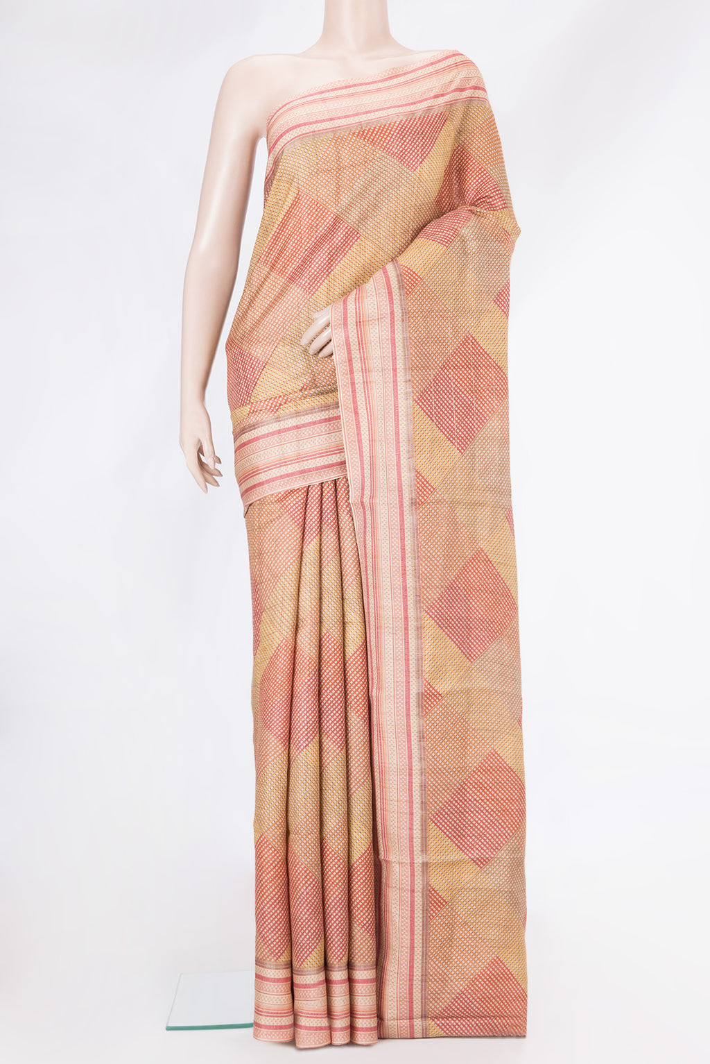 Multi Color Tussar Silk Saree with Printed design on the body and Thread Border.  displayed on a mannequin