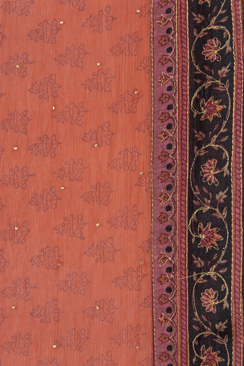 Border image of Brick Orange Dual Tone Mysore Chiffon Saree with Embroidery on the body and Embroidery Border. 