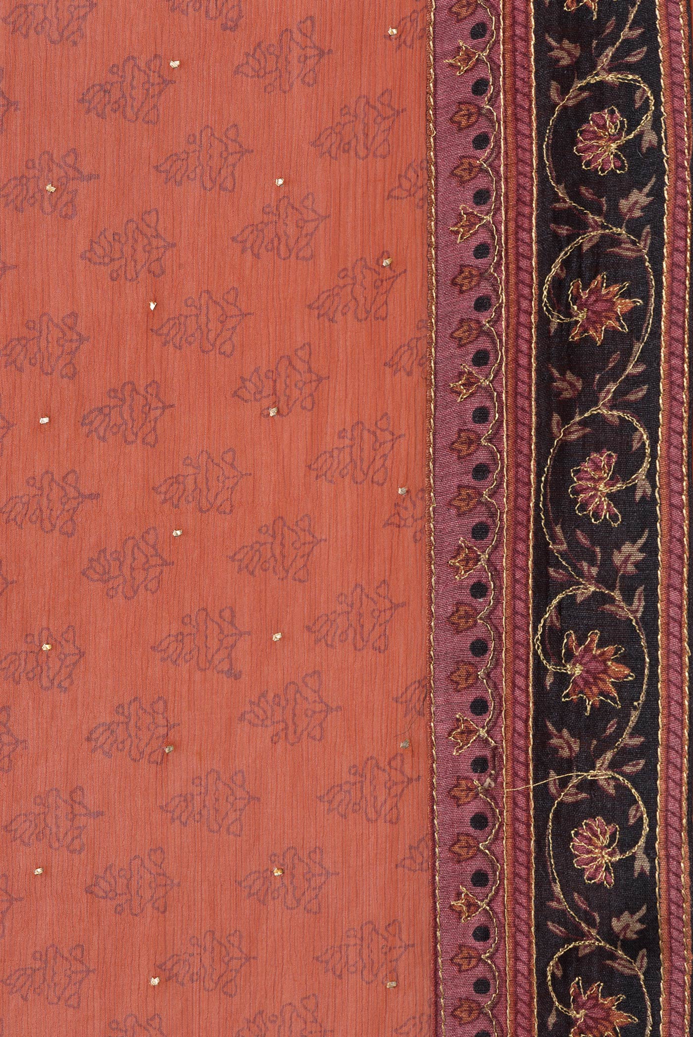 Border image of Brick Orange Dual Tone Mysore Chiffon Saree with Embroidery on the body and Embroidery Border. 