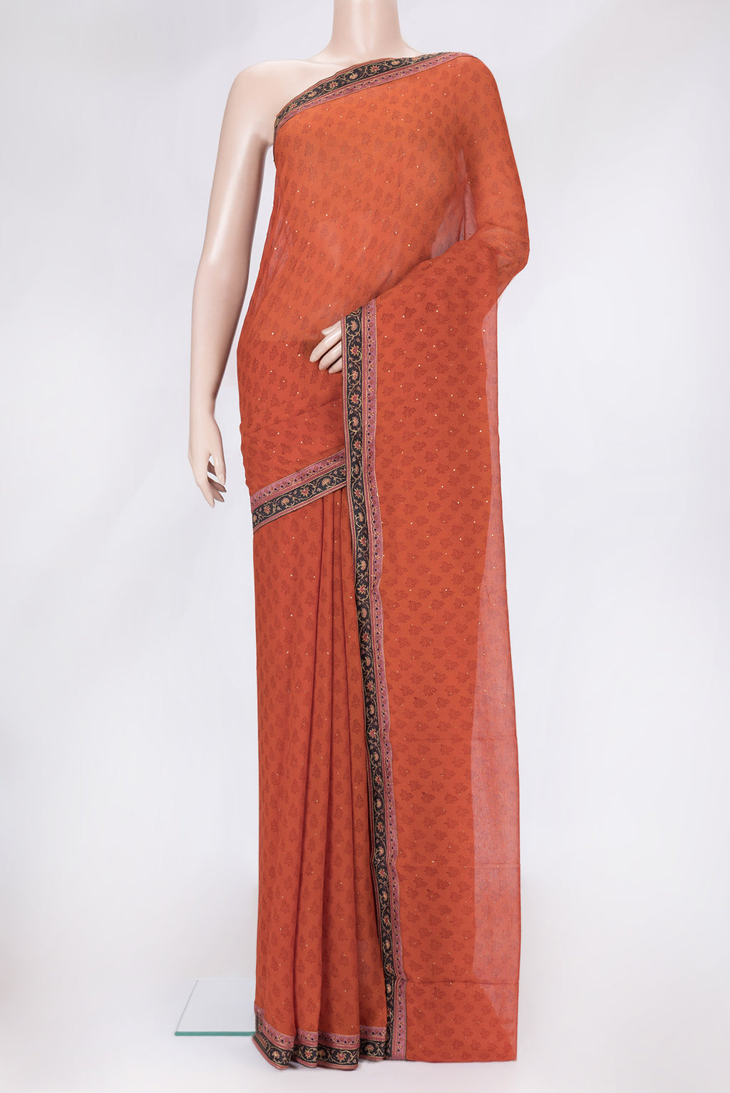 Brick Orange Dual Tone Mysore Chiffon Saree with Embroidery on the body and Embroidery Border.  displayed on a mannequin