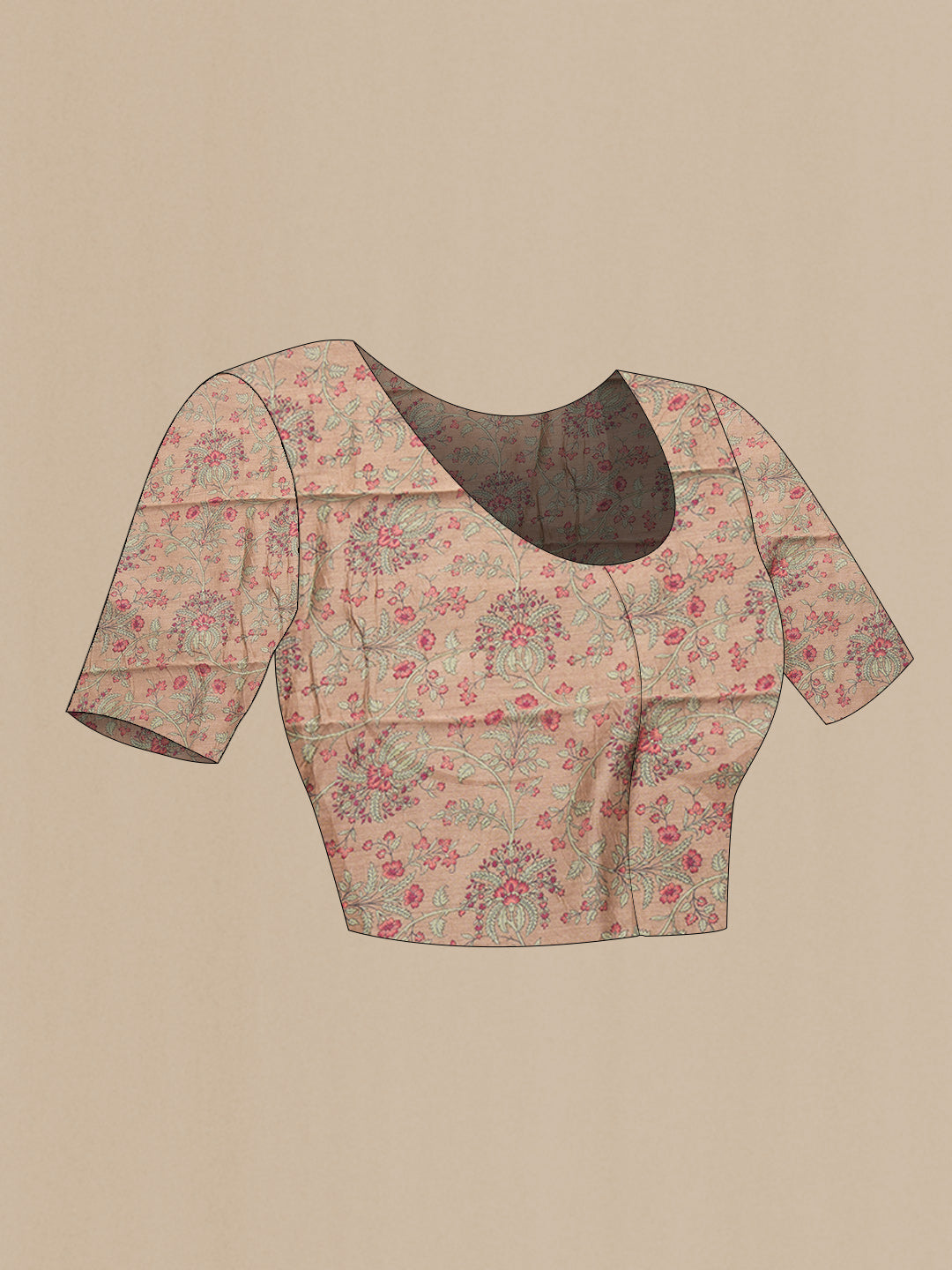 Close up image of the blouse of Pink Dual Tone Mysore Chiffon Saree with Printed design on the body and Embroidery Border. 