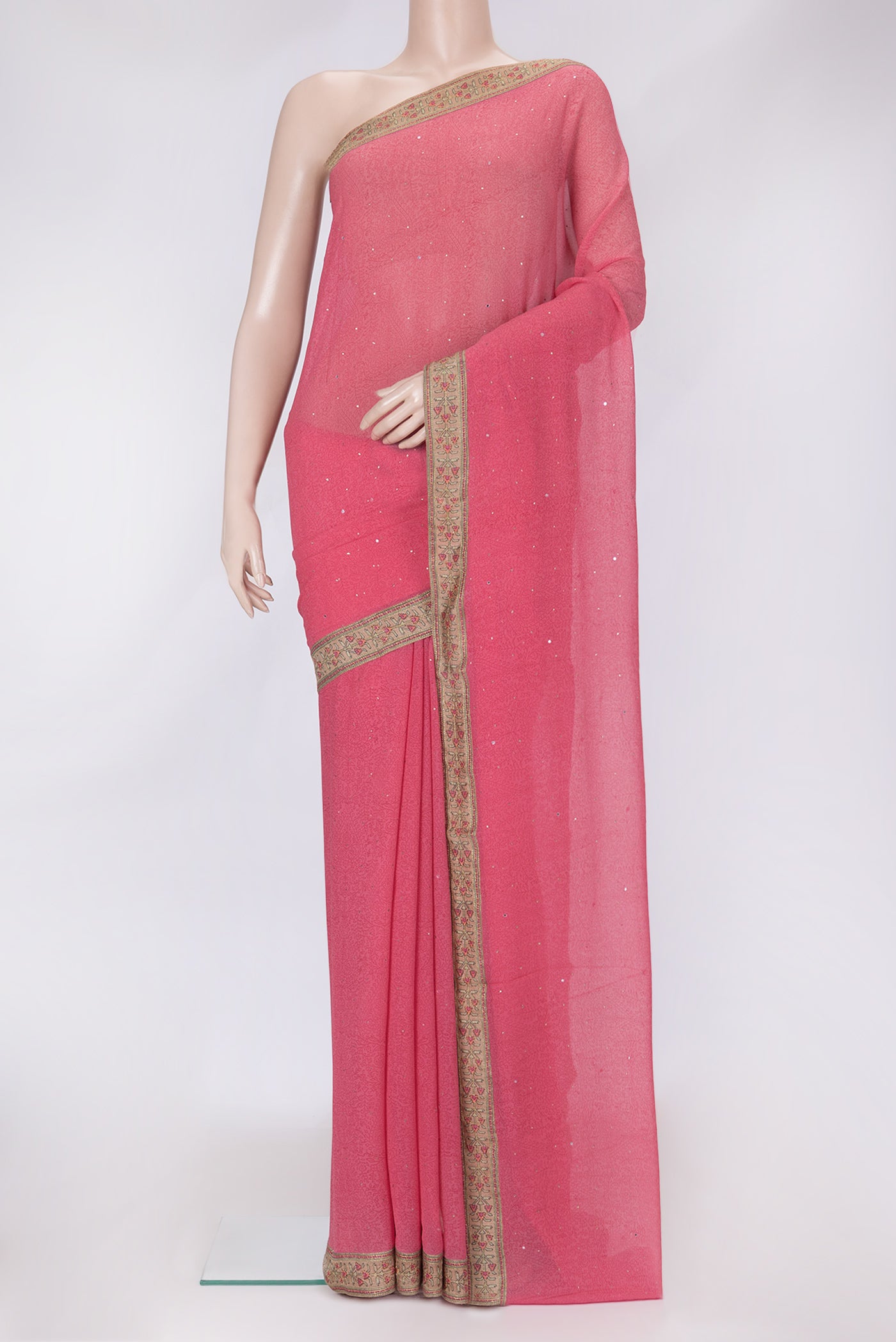 Pink Dual Tone Mysore Chiffon Saree with Printed design on the body and Embroidery Border.  displayed on a mannequin