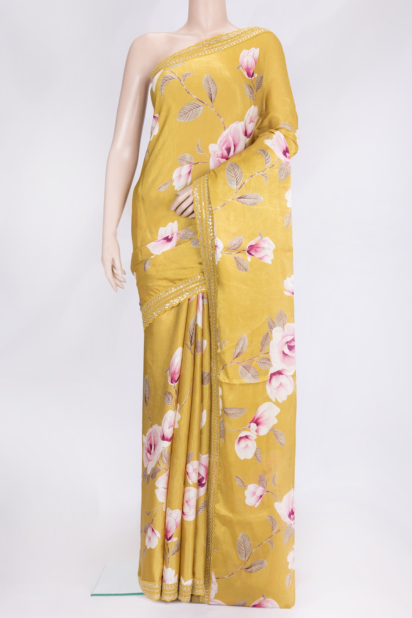 Gold Dual Tone Organza Silk Saree with Plain Body and Plain Border.  displayed on a mannequin