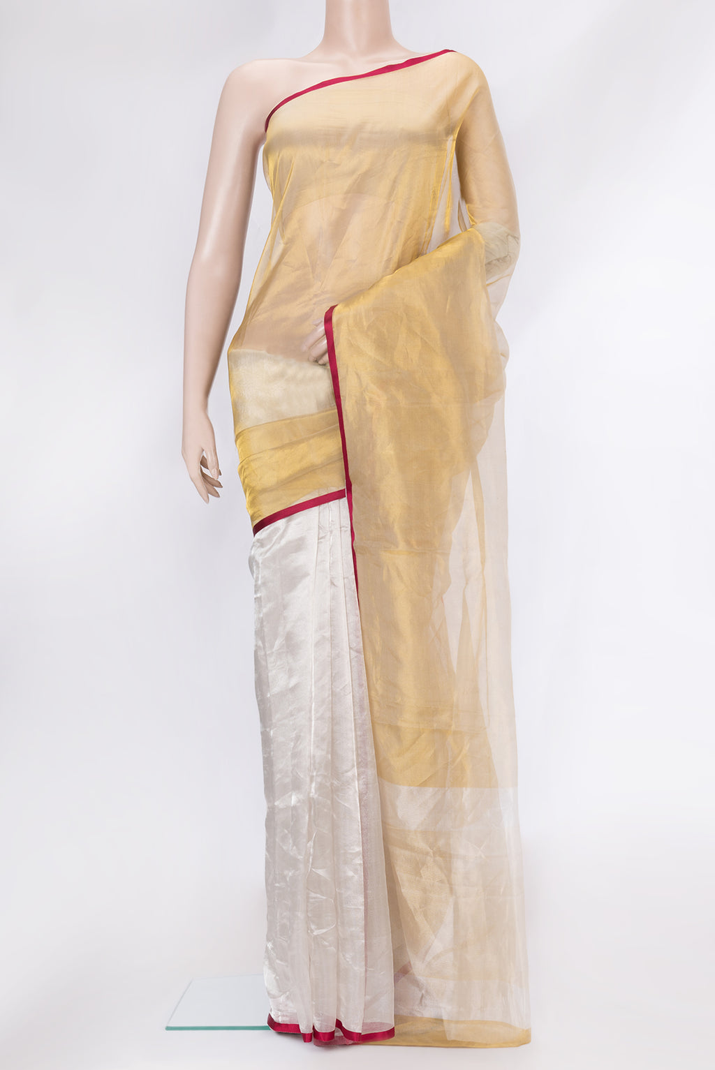 Gold Dual Tone Organza Silk Saree with Stripes on the body and Plain Border.  displayed on a mannequin