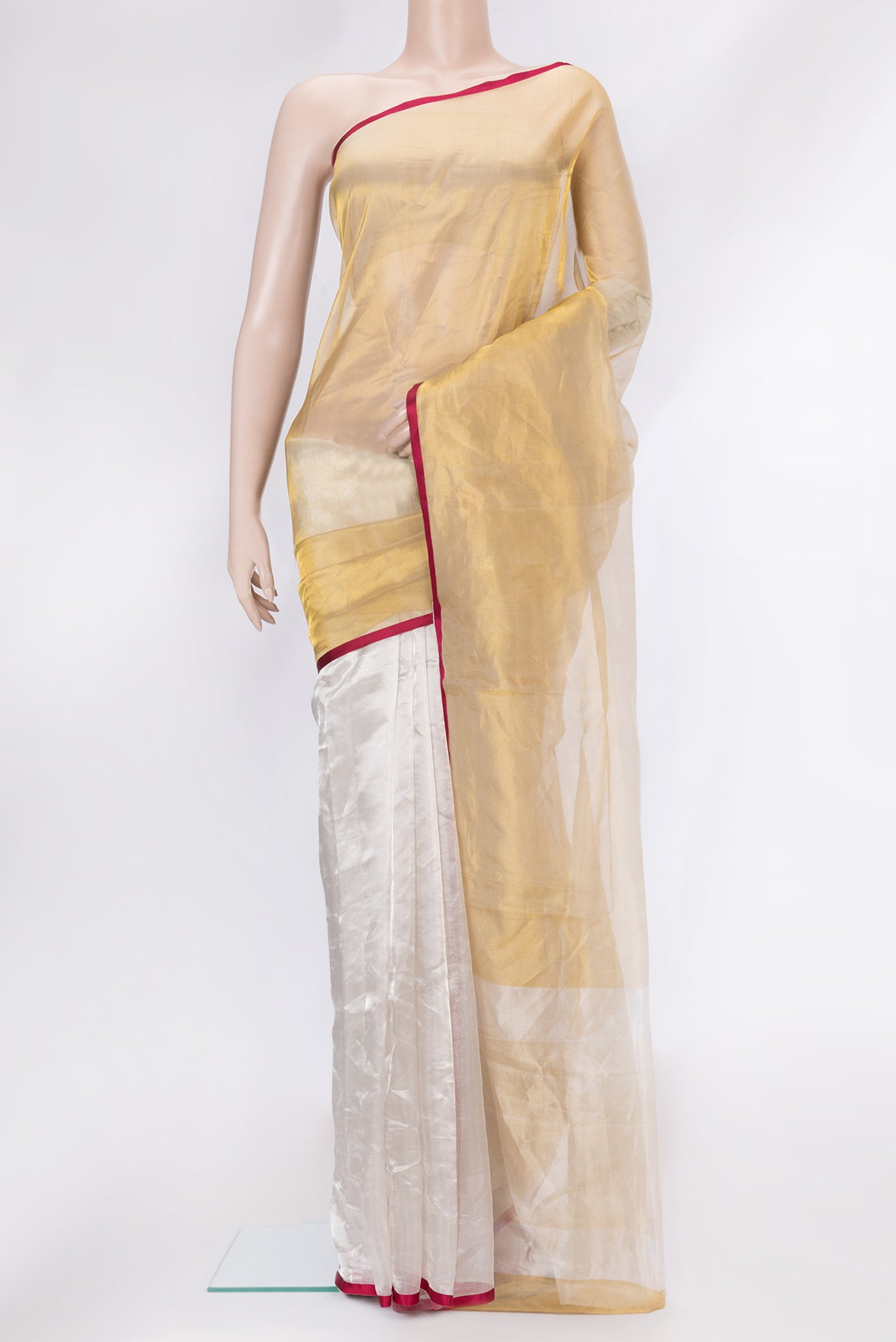 Gold Dual Tone Organza Silk Saree with Stripes on the body and Plain Border.  displayed on a mannequin