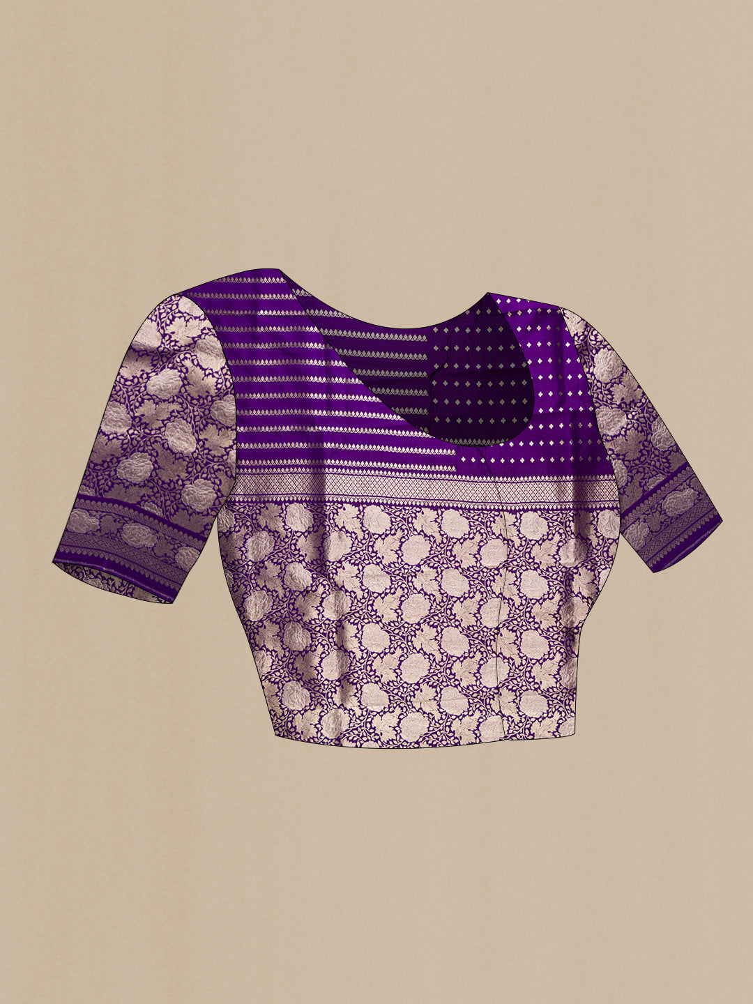 Close up image of the blouse of Silver and Gold Color Organza Silk Saree with Plain Body and Plain Border. 