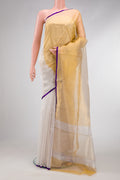 Silver and Gold Color Organza Silk Saree with Plain Body and Plain Border.  displayed on a mannequin