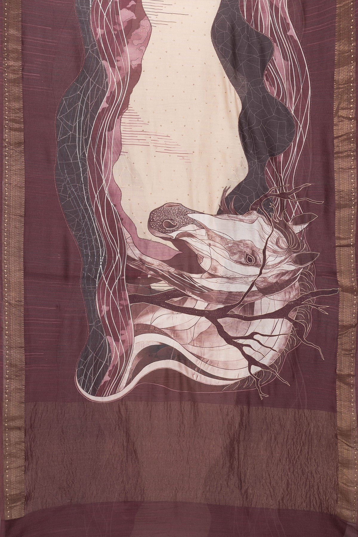 Flat view of Maroon Dual Tone Tussar Silk Saree with Embroidery on the body and Embroidery Border. 