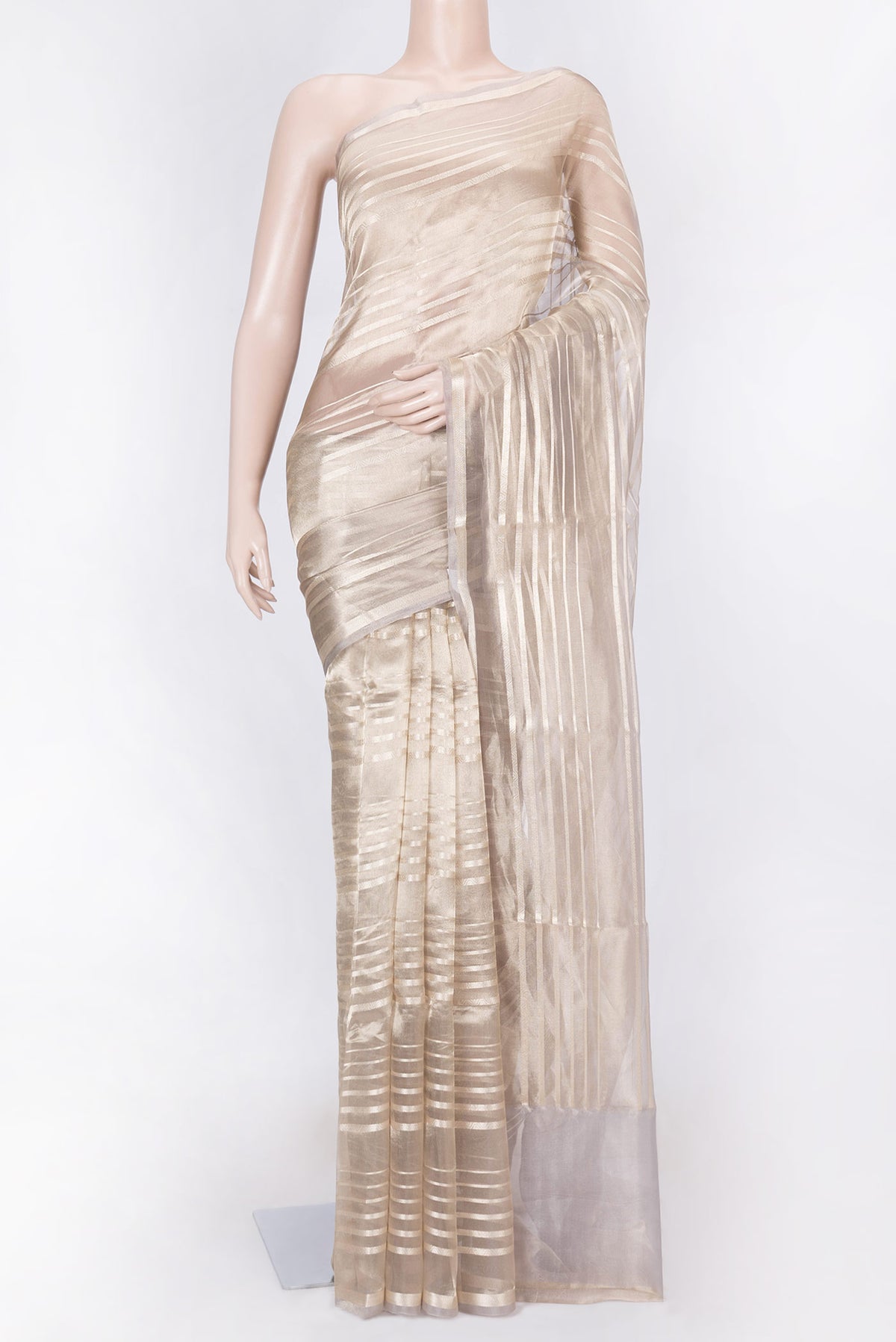 Grey Dual Tone Organza Silk Saree with Stripes on the body and Zari Border displayed on a mannequin