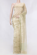 Pista Green Dual Tone Organza Silk Saree with Stripes on the body and Zari Border displayed on a mannequin