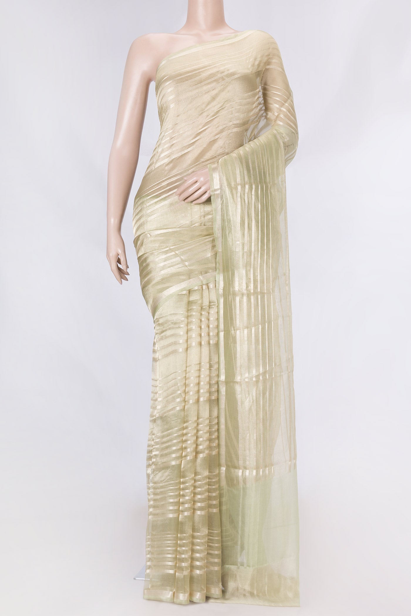 Pista Green Dual Tone Organza Silk Saree with Stripes on the body and Zari Border displayed on a mannequin