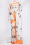 Beige Dual Tone Tussar Silk Saree with Stripes on the body and Plain Border.  displayed on a mannequin