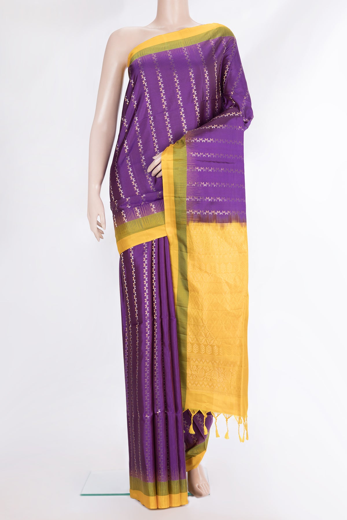 Pure Silk Purple Dual Tone Soft Saree with Zari Butta on the body and Zari Border.  displayed on a mannequin