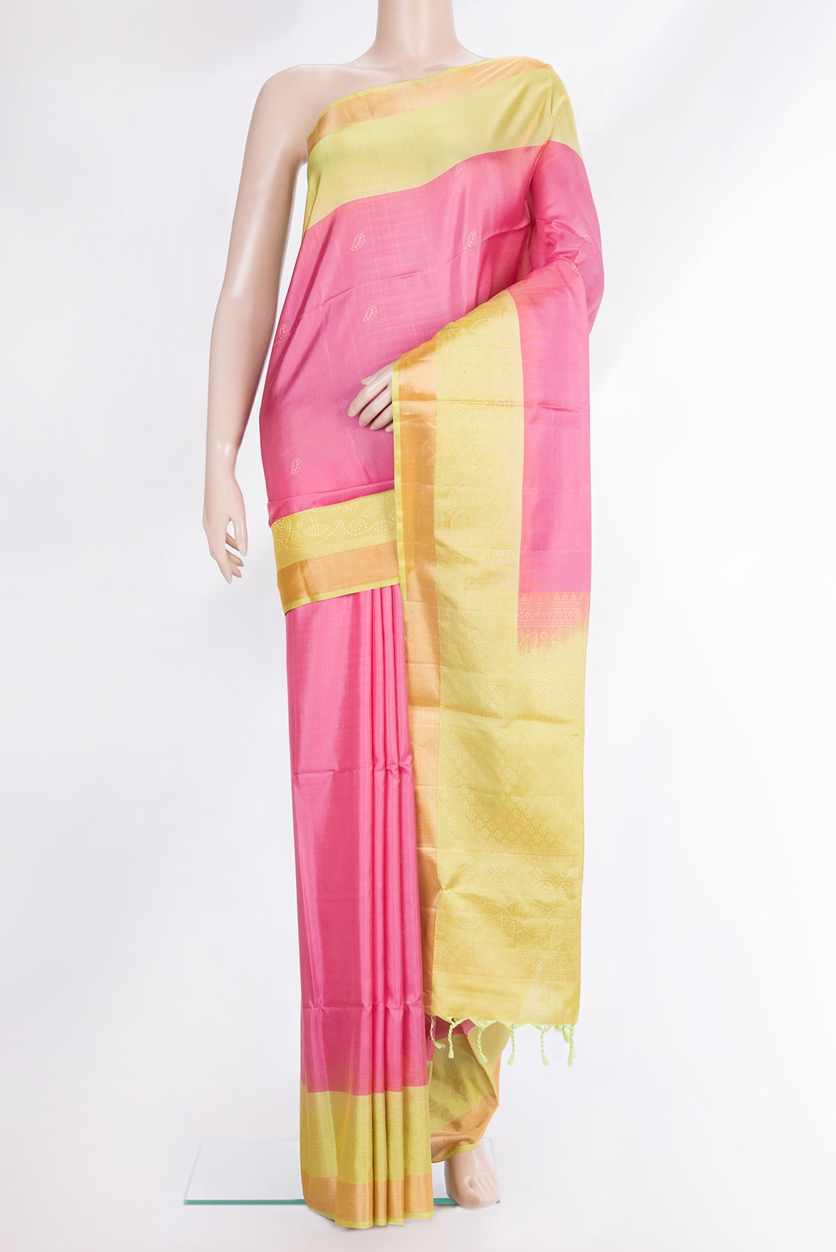 Pure Silk Pink Dual Tone Soft Saree with Zari Butta on the body and Fancy Border.  displayed on a mannequin