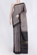 Grey Dual Tone Kanchipuram Silk Saree with Stripes on the body and Zari Border displayed on a mannequin
