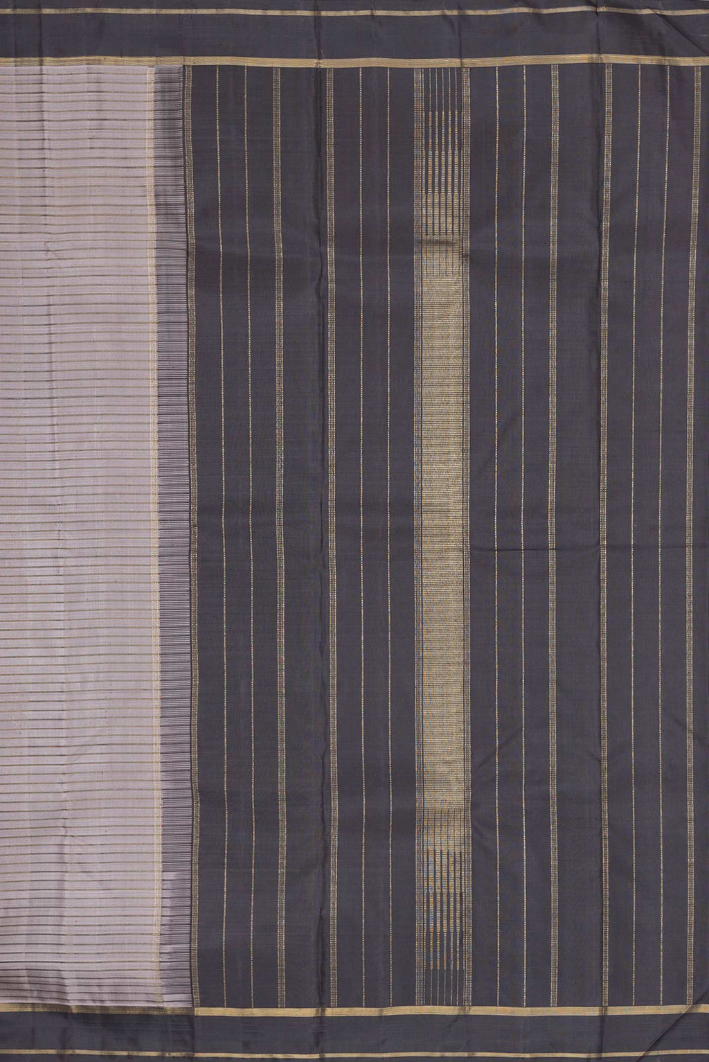 Close up image of the pallu of Grey Dual Tone Kanchipuram Silk Saree with Stripes on the body and Zari Border