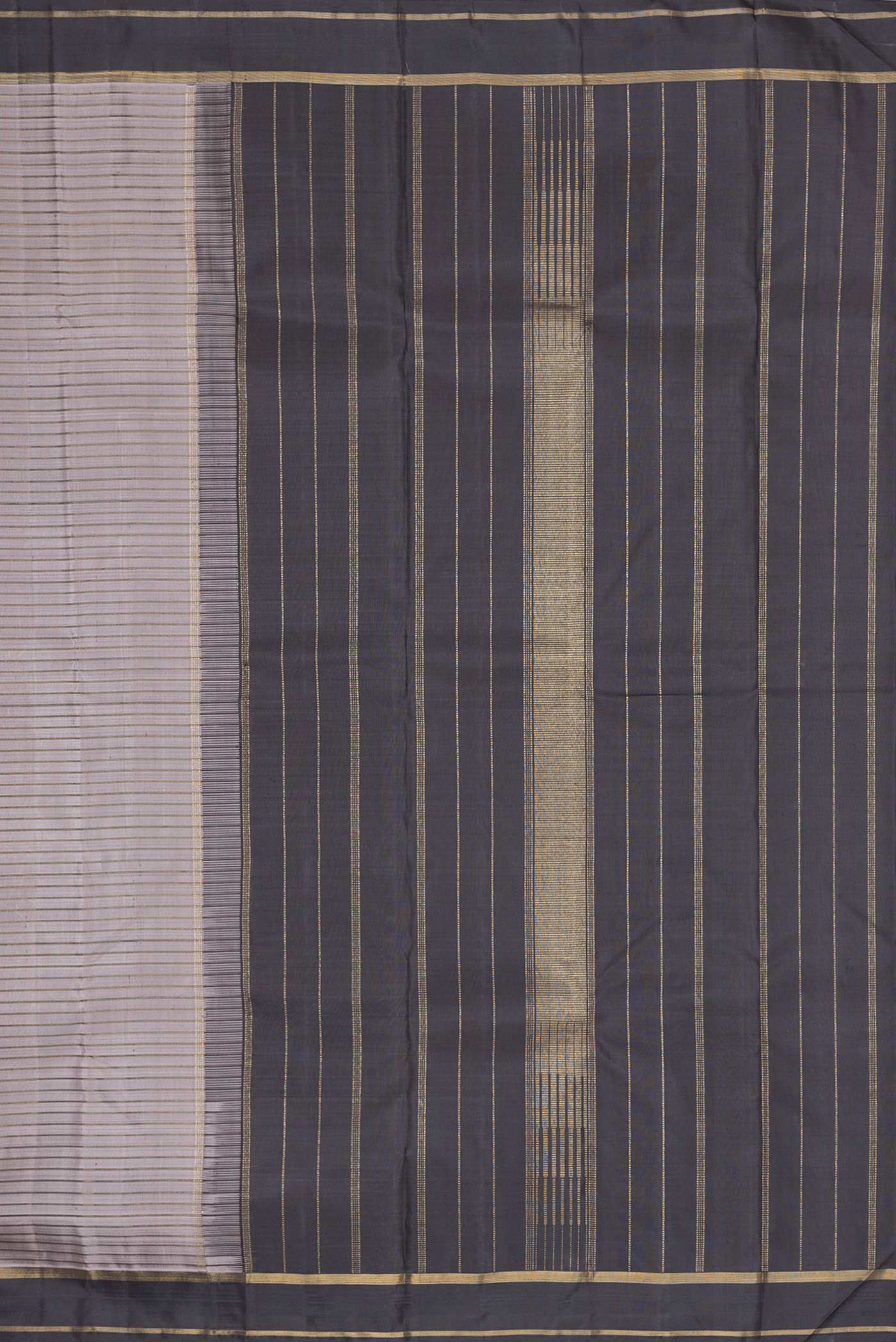Close up image of the pallu of Grey Dual Tone Kanchipuram Silk Saree with Stripes on the body and Zari Border