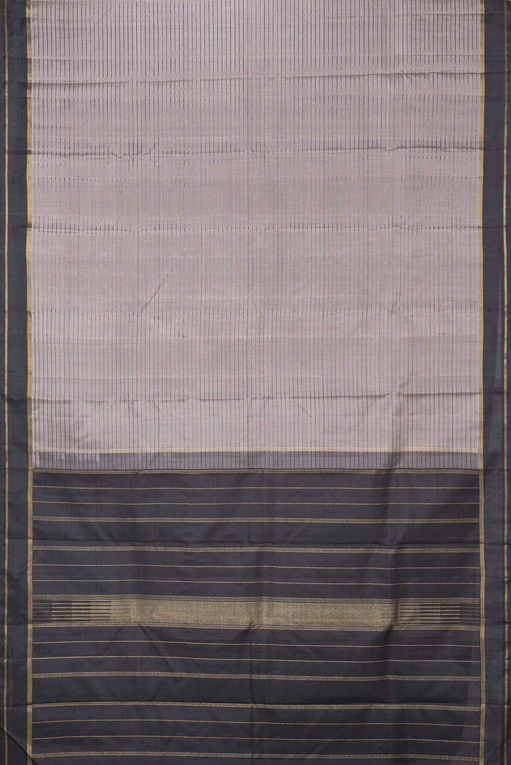 Flat view of Grey Dual Tone Kanchipuram Silk Saree with Stripes on the body and Zari Border