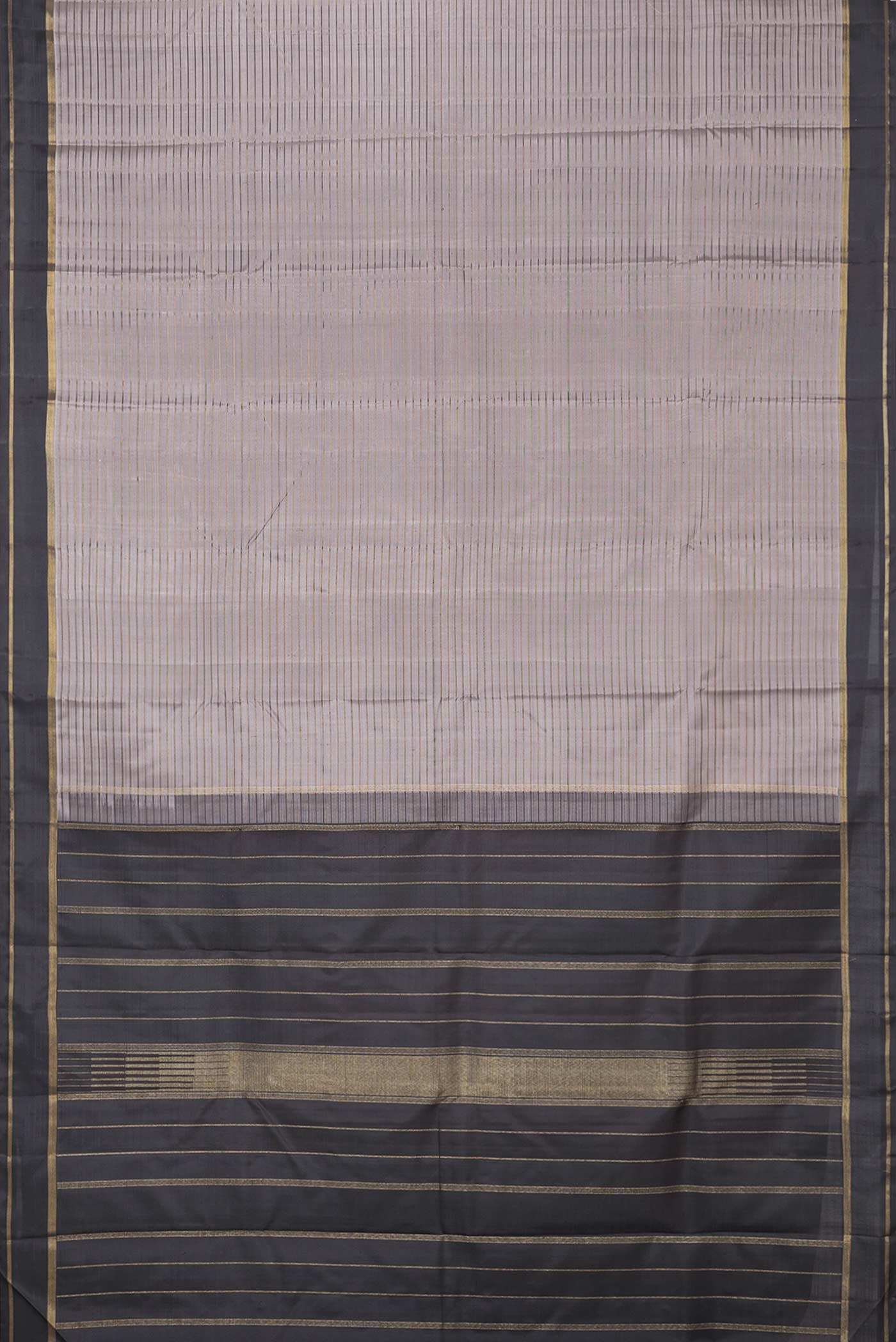 Flat view of Grey Dual Tone Kanchipuram Silk Saree with Stripes on the body and Zari Border