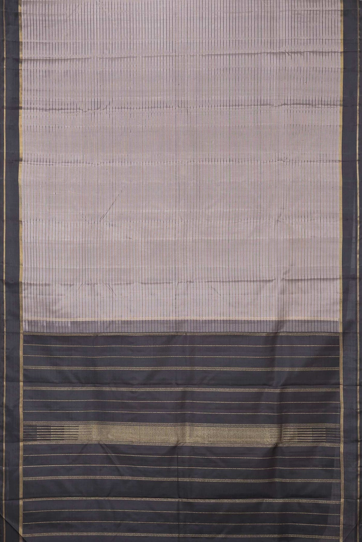 Flat view of Grey Dual Tone Kanchipuram Silk Saree with Stripes on the body and Zari Border